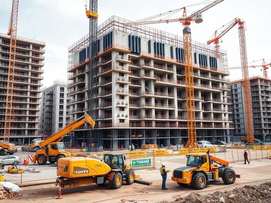 Construction workers in hard hats collaborating on a new building remodeling project in NYC.