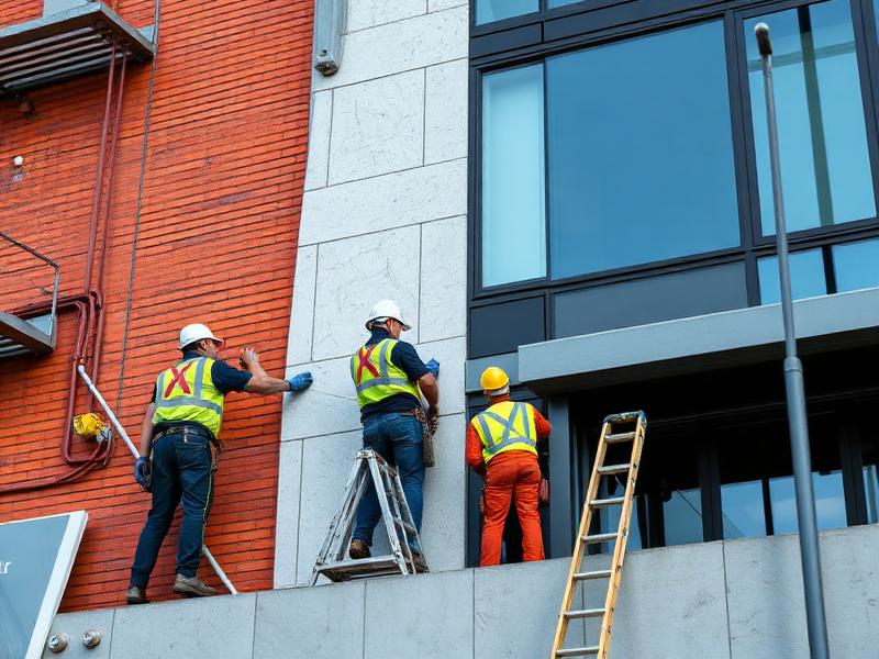 A maintenance professional repairing a wall crack before painting in a New York building.