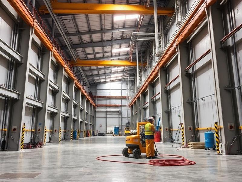 A specialist applying protective industrial coating to a large metal structure in a New York factory.