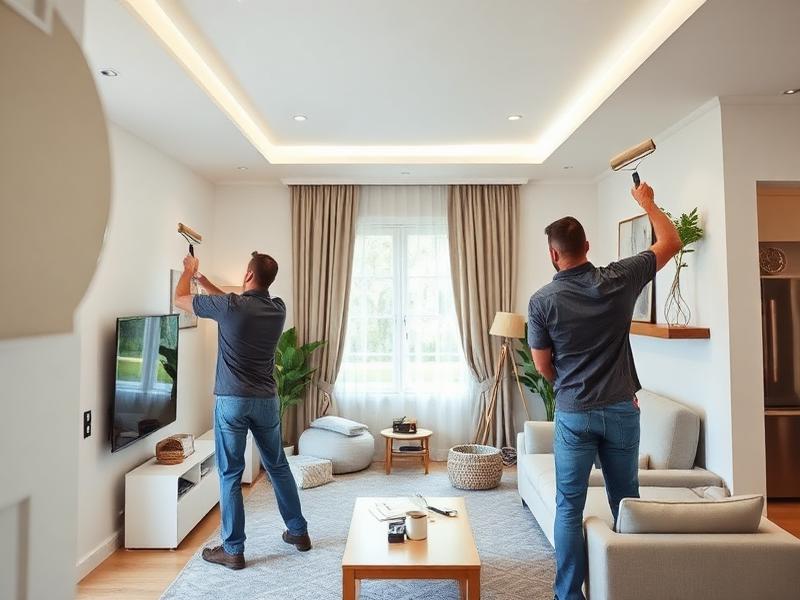 A team of professional painters applying fresh white paint to the exterior of a modern commercial building in New York.