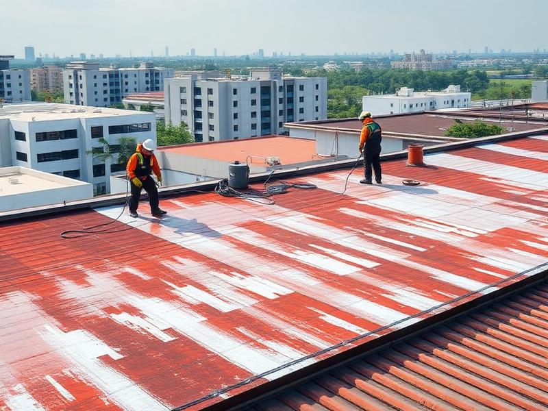 A worker applying a white waterproof and reflective coating to the roof of a building in New York.